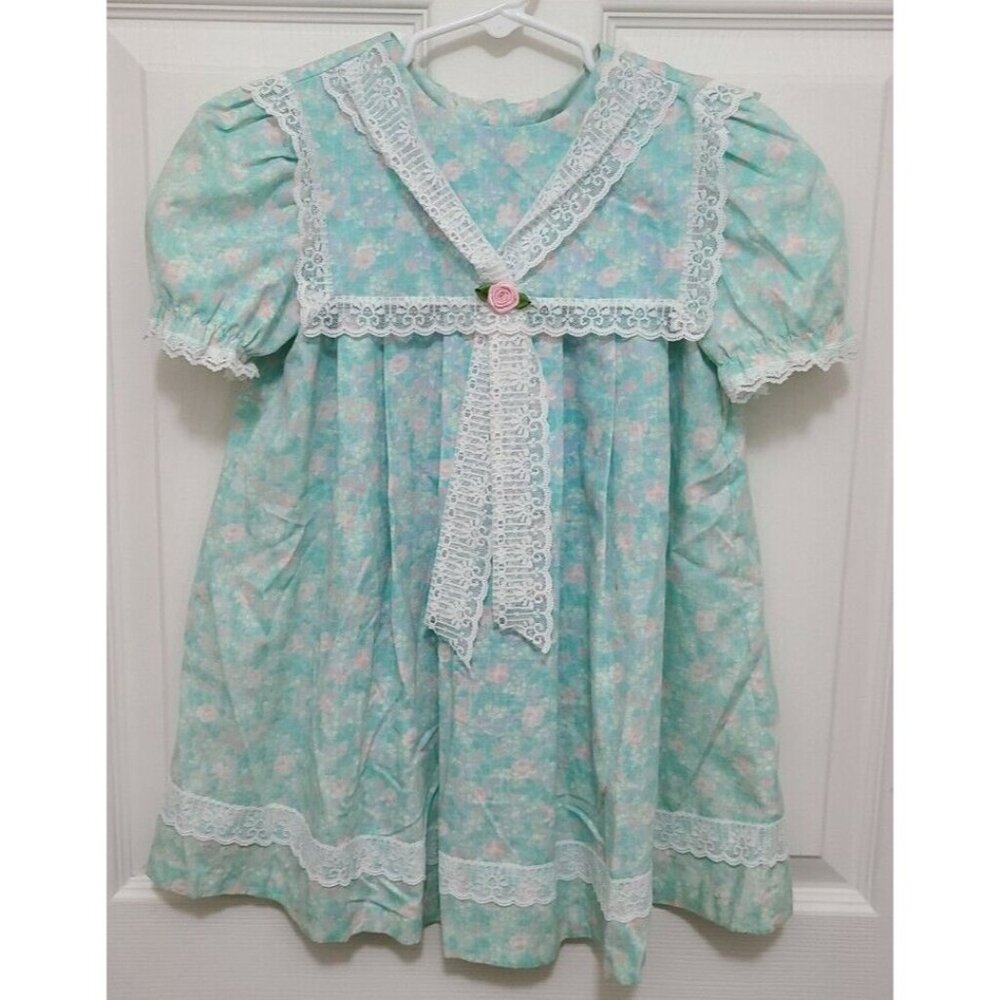 Vtg Evy Girls Short Sleeve Bib Lace Trim Dress Cottagecore Prairie Blue Floral 6
